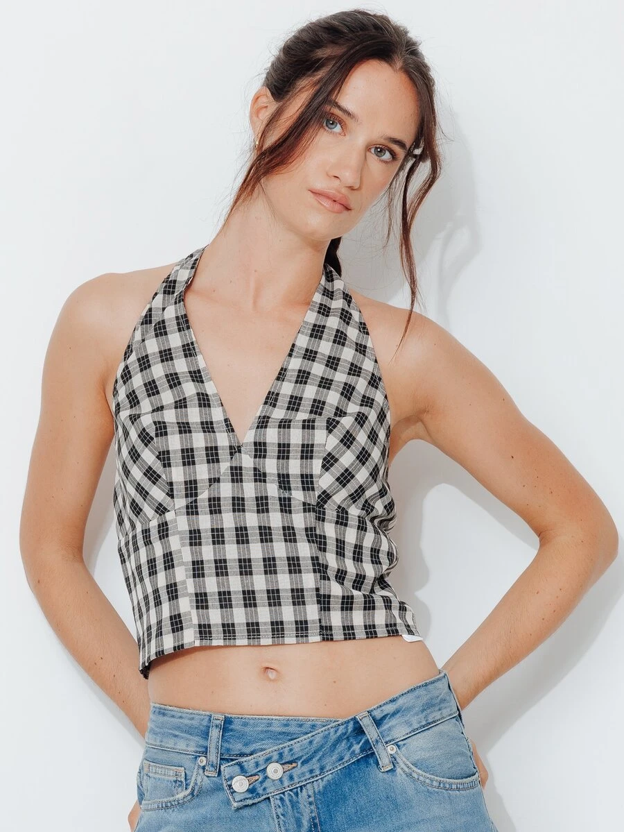 Pimkie Edition Women's Plaid Casual Versatile Daily Wear Halter Top - Black and White - View 1