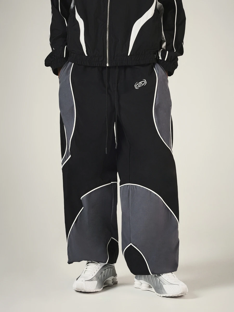 SUMWON Wide Leg Track Pants With Curved Color Block Panels White Contrast Piping Embroidered Logo Drawstring Waist Full Length - Multicolor - View 1