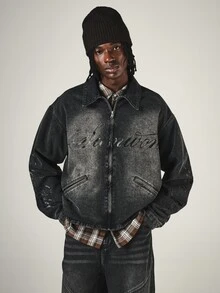 SUMWON Oversized Washed Denim Trucker Jacket With Zip Closure Embroidered Script Logo Vintage Wash Hip Length Long Sleeve Fall Winter Outerwear - Grey - View 4