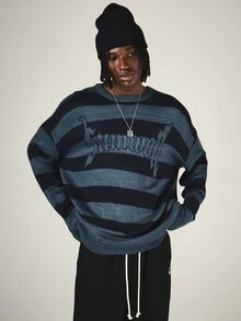 SUMWON Oversized Striped Knit Sweater Crew Neck Long Sleeve Gothic Logo Chest Print Thumbhole Cuffs Winter Pullover - Navy Blue - View 4