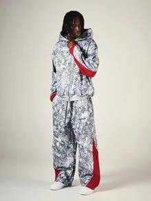 SUMWON Wide Leg Track Pants With Snow Forest AOP Print And Bold Red Contrast Side Panels Drawstring Waist Full Length - Multicolor - View 3