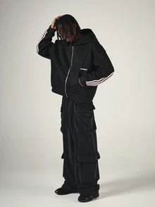 SUMWON Oversized Full-Zip Hoodie With Pink Stripe Sleeve Detail And Contrast Back ZigZag Paneling - Black - View 3