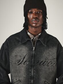 SUMWON Oversized Washed Denim Trucker Jacket With Zip Closure Embroidered Script Logo Vintage Wash Hip Length Long Sleeve Fall Winter Outerwear - Grey - View 5
