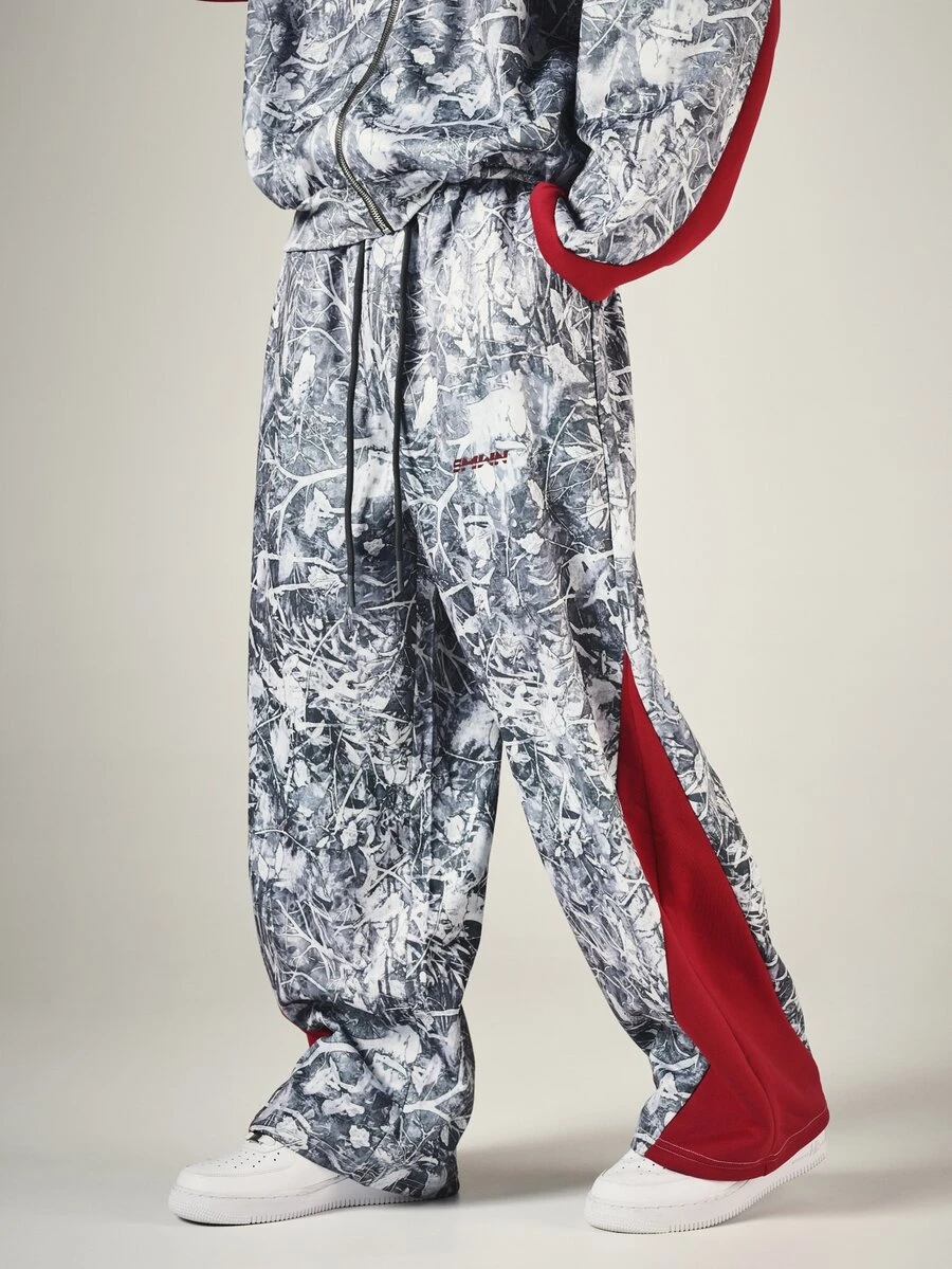 SUMWON Wide Leg Track Pants With Snow Forest AOP Print And Bold Red Contrast Side Panels Drawstring Waist Full Length - Multicolor - View 1