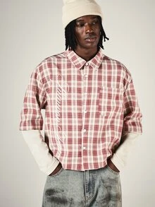 SUMWON Plaid Crop Shirt With Cursive Script Back Print Button-Down Collared Short Sleeve Boxy Fit Top - Red - View 2