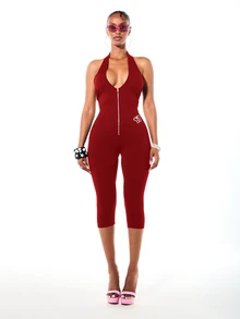 SUMWON WOMEN Halter Neck Deep V-Zip Backless Capri Jumpsuit With Script Logo Print Curve Hugging One-Piece For Holiday Party Night Out - Red - View 2