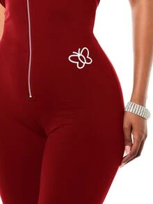 SUMWON WOMEN Halter Neck Deep V-Zip Backless Capri Jumpsuit With Script Logo Print Curve Hugging One-Piece For Holiday Party Night Out - Red - View 6