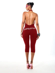 SUMWON WOMEN Halter Neck Deep V-Zip Backless Capri Jumpsuit With Script Logo Print Curve Hugging One-Piece For Holiday Party Night Out - Red - View 1