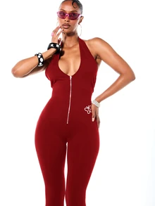 SUMWON WOMEN Halter Neck Deep V-Zip Backless Capri Jumpsuit With Script Logo Print Curve Hugging One-Piece For Holiday Party Night Out - Red - View 3