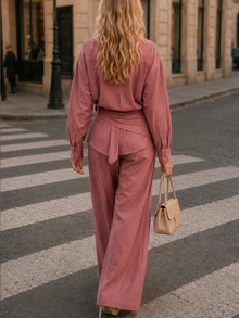 OverBlushhh Women's Solid Color Pleated Casual Versatile Daily Wear Long Pants - Dusty Pink - View 5