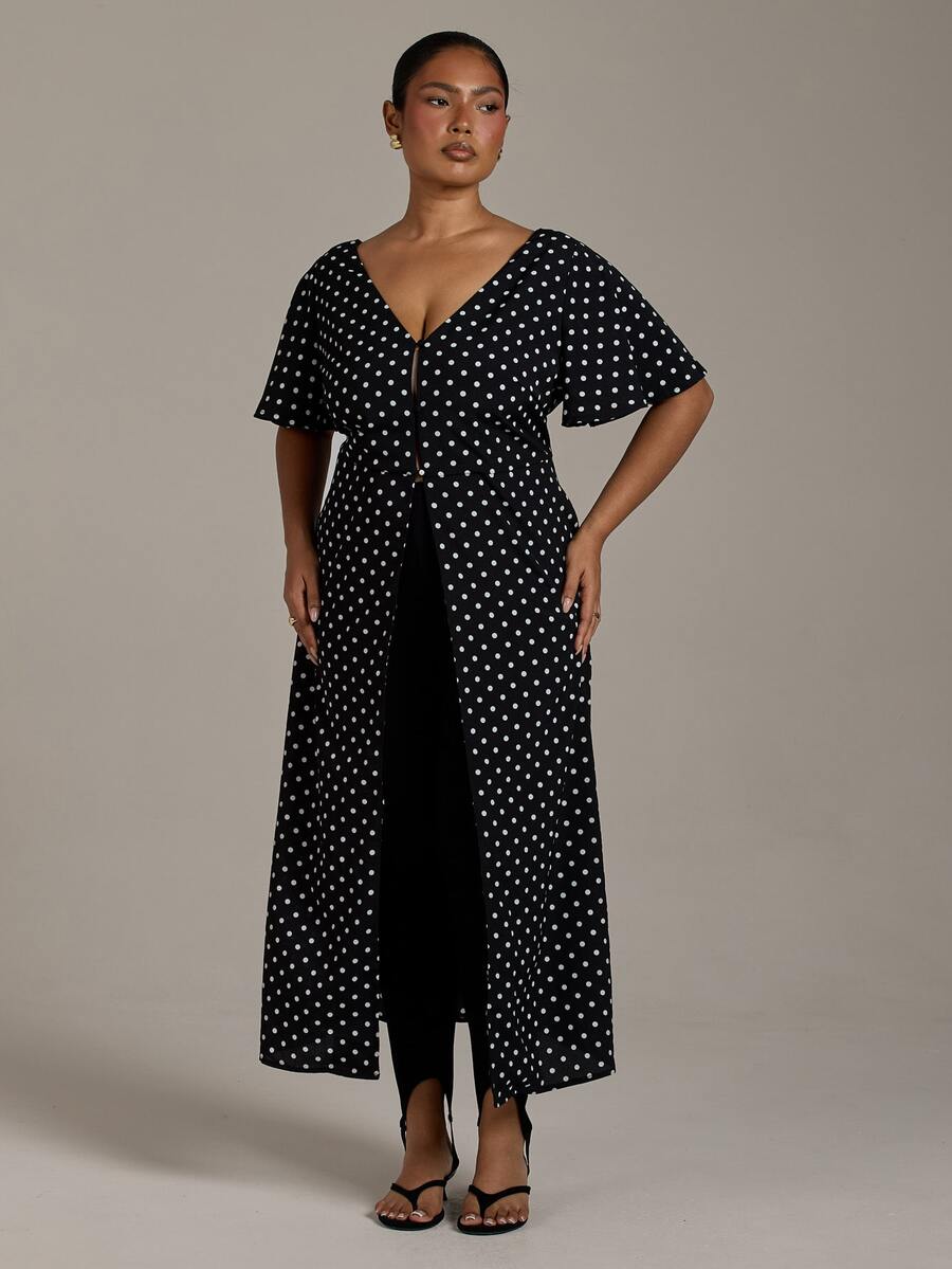 FASHION SZN Blus Maxi Polkadot Ukuran Besar Musim Gugur Tren Musim Dingin Baru Blus Panjang Monokrom Chic Klasik Elegan untuk Padu Padan Brunch - MultiWarna - View 1