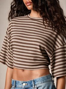 AiiRZ Ribbed Striped Crop Top With Round Neck And Half Sleeves - Casual Everyday Summer Spring Cropped Tee - Mocha Brown - View 5