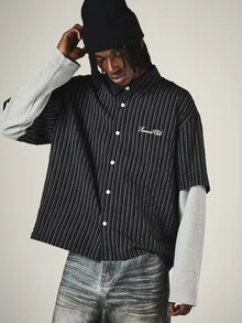 SUMWON Club Pinstripe Boxy Short Sleeve Button Down Shirt With Embroidered Script Logo Chest Detail Summer Casual Layering Top - Multicolor - View 1