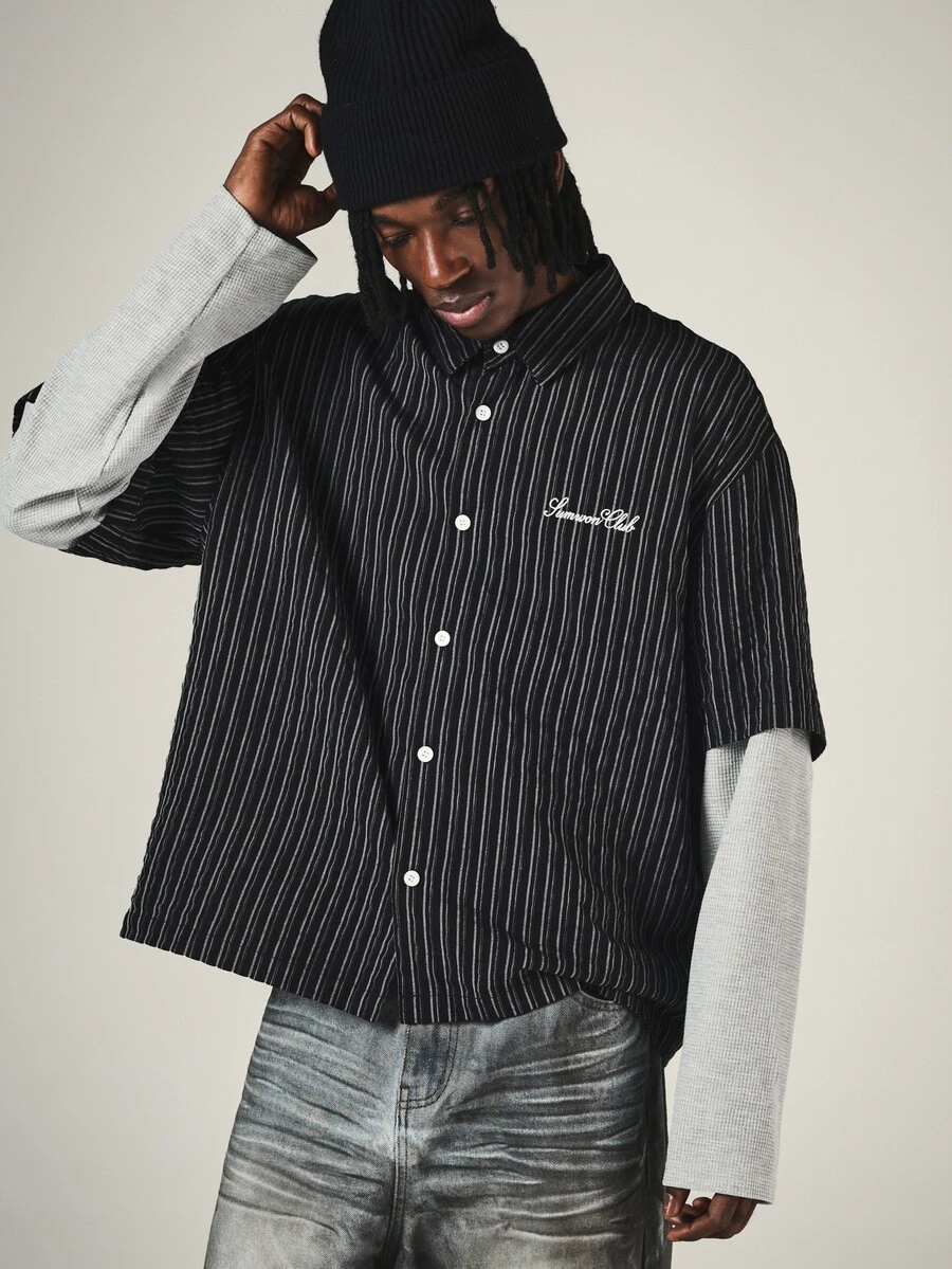 SUMWON Club Pinstripe Boxy Short Sleeve Button Down Shirt With Embroidered Script Logo Chest Detail Summer Casual Layering Top - Multicolor - View 1