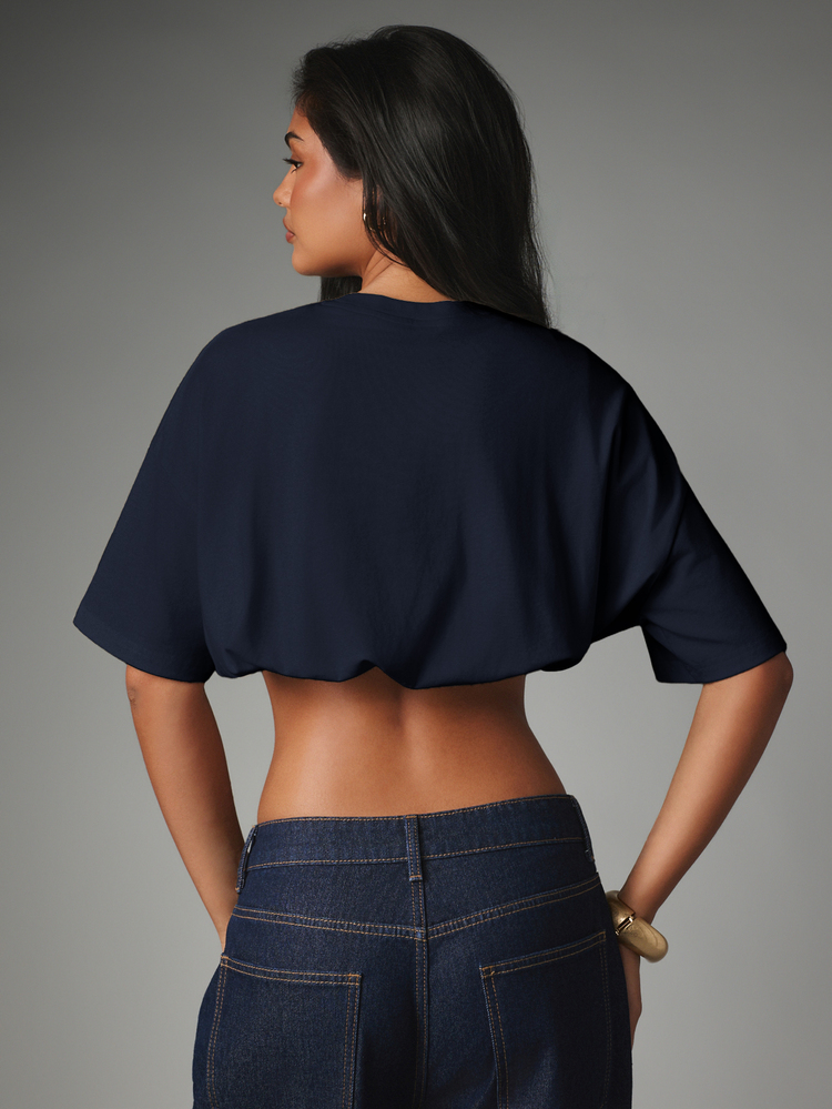 MISSGUIDED Camiseta Holgada Corta y Cuadrada con Bajo de Volantes y Mangas Cortas - Prenda Esencial de Verano Casual Chic - Azul Marino - Añade 6