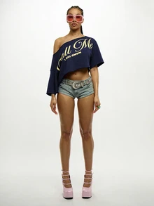 SUMWON WOMEN Asymmetric One Shoulder Crop Top With Bold Script Graphic Print And Raw Hem Edge Top - Navy Blue - View 3
