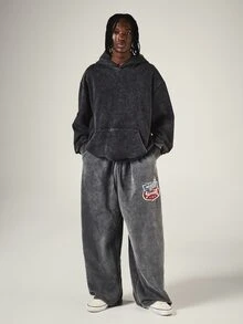 SUMWON Eagle Shield Graphic Wide Leg Sweatpants Acid Washed Drawstring Waist Streetwear Baggy Fleece Trousers Fall Winter - Black - View 5