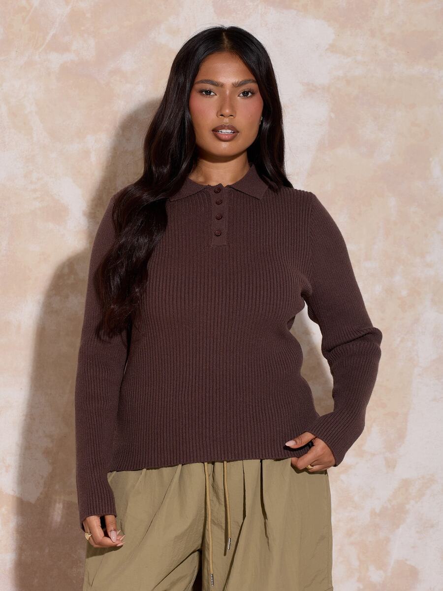 FASHION SZN Plus Size Striped Ribbed Knit Polo Sweater Curve Jumper Sporty Style Autumn Winter Fashion Rugby Top Fall Clothes For Women Everyday Casual Brown Jumper Sweater - Brown - View 1