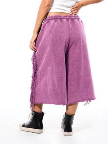 SUMWON WOMEN Wide Leg Cropped Sweatpants With Side Fringe Tassels, Script Logo Print, Elastic Drawstring Waist, Raw Hem, Acid Wash Finish - Pink - View 2
