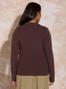 FASHION SZN Plus Size Striped Ribbed Knit Polo Sweater Curve Jumper Sporty Style Autumn Winter Fashion Rugby Top Fall Clothes For Women Everyday Casual Brown Jumper Sweater - Brown - View 2