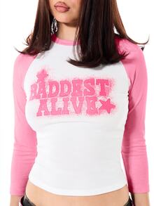 SUMWON WOMEN Baddest Alive Graphic Print Raglan Crop Top With Three Quarter Pink Sleeves And Round Neck Y2K Style - Pink - View 6