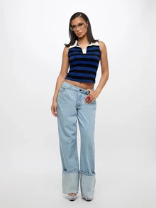 SUMWON WOMEN Striped Sleeveless Polo Crop Top With Contrast Collar And Button Placket For Spring Casual Everyday Wear - Navy Blue - View 6