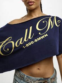 SUMWON WOMEN Asymmetric One Shoulder Crop Top With Bold Script Graphic Print And Raw Hem Edge Top - Navy Blue - View 7