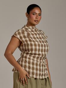FASHION SZN Plus Size Checked Fall Top Autumn Winter Blouse Structured Short Sleeves Elegant Chic Classy New Season Trending Heritage Smart Casual Wear To Work Business - Multicolor - View 7