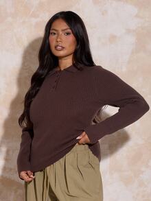 FASHION SZN Plus Size Striped Ribbed Knit Polo Sweater Curve Jumper Sporty Style Autumn Winter Fashion Rugby Top Fall Clothes For Women Everyday Casual Brown Jumper Sweater - Brown - View 3