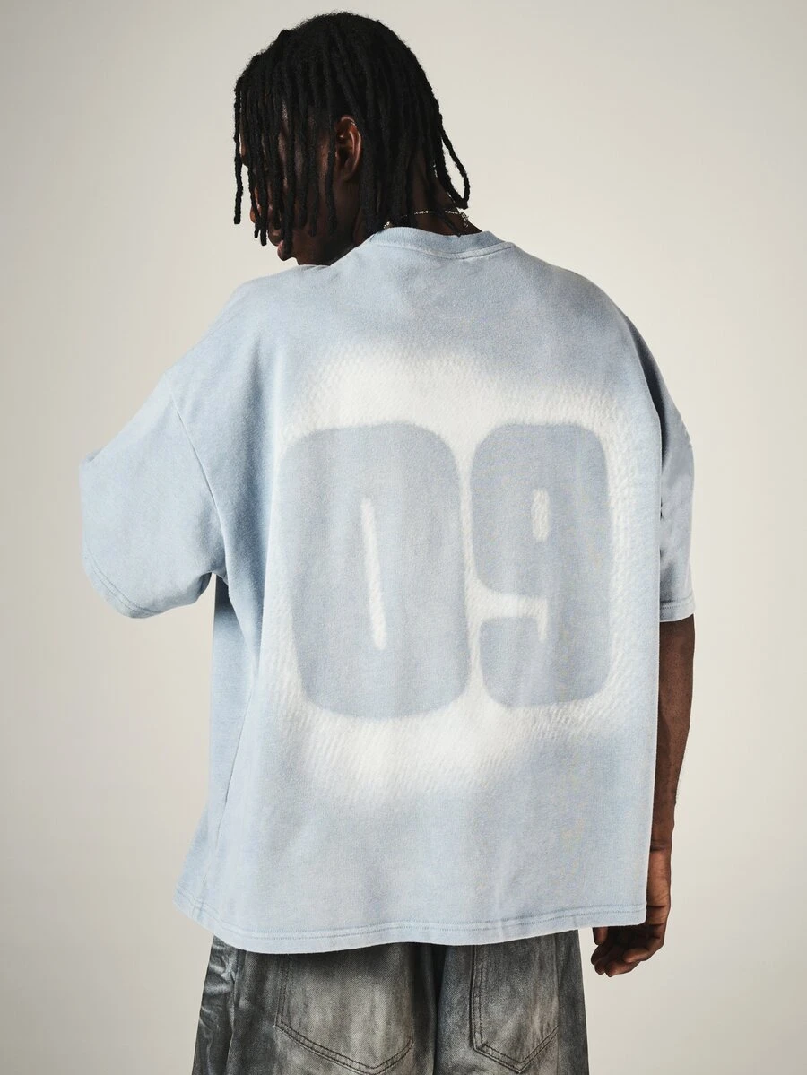 SUMWON Oversized Boxy Crew Neck Short Sleeve Washed T-Shirt With Large Numeric 09 Back Print Summer Streetwear Essential - Blue - View 1