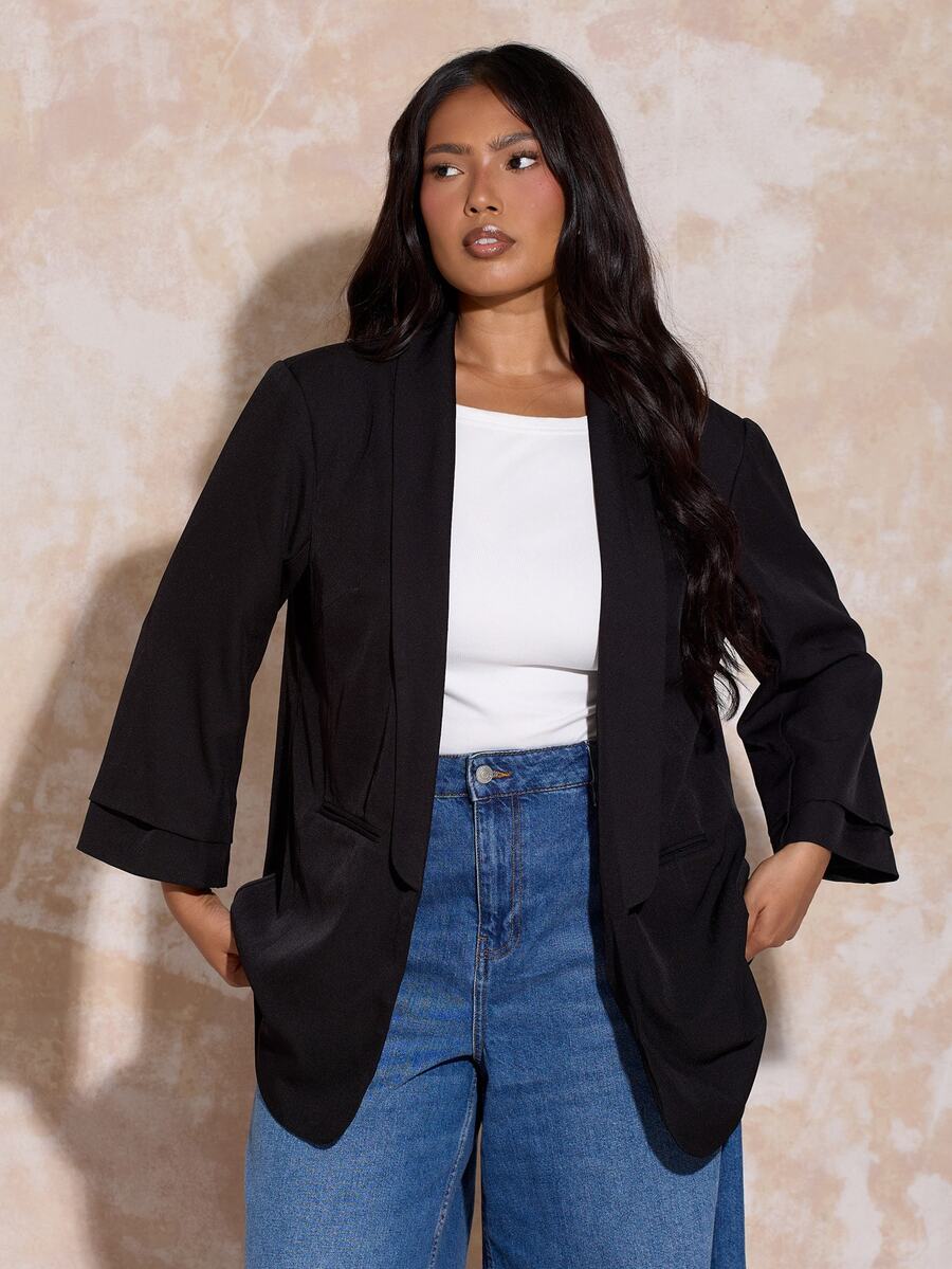 FASHION SZN Plus Size Casual Versatile Commuter Blazer Wardrobe Staple Ruched Sleeve Style Layering Piece Transitional Dressing Autumn Winter Fashion Curve Jacket Curve Blazer Wear To Work Chic Simple Elegant Fall Clothes For Women Evening Wear Smart Classy Black Blazer - Black - View 1