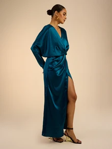 Dancing Leopard Teal Blue Satin Long-Sleeve Wrap Maxi Dress, Wedding Guest Occasion Wear - Teal Blue - View 4