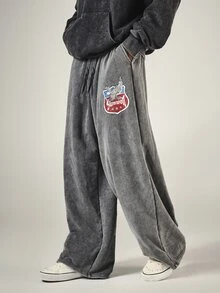 SUMWON Eagle Shield Graphic Wide Leg Sweatpants Acid Washed Drawstring Waist Streetwear Baggy Fleece Trousers Fall Winter - Black - View 3