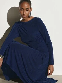 KSTM Glitter Knit Boat Neck Long Sleeve Ruched Waist Asymmetric Handkerchief Hem Midaxi Dress Holiday Party Evening Gala - Royal Blue - View 5