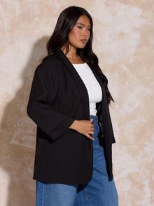 FASHION SZN Plus Size Casual Versatile Commuter Blazer Wardrobe Staple Ruched Sleeve Style Layering Piece Transitional Dressing Autumn Winter Fashion Curve Jacket Curve Blazer Wear To Work Chic Simple Elegant Fall Clothes For Women Evening Wear Smart Classy Black Blazer - Black - View 5