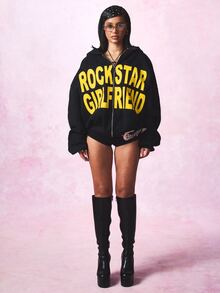 SUMWON WOMEN Rockstar Girlfriend Graphic Print Oversized Zip-Up Hoodie With Bold Slogan Front Print And Dropped Shoulders - Black - View 3