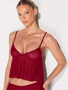 KIZN Mesh Crop Cami Top With Flowy Hem And Deep V Neckline Spaghetti Straps With Ruffle Shorts Lingerie Sleepwear Valentine's Day Set - Burgundy - View 3