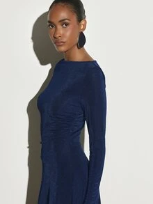KSTM Glitter Knit Boat Neck Long Sleeve Ruched Waist Asymmetric Handkerchief Hem Midaxi Dress Holiday Party Evening Gala - Royal Blue - View 4