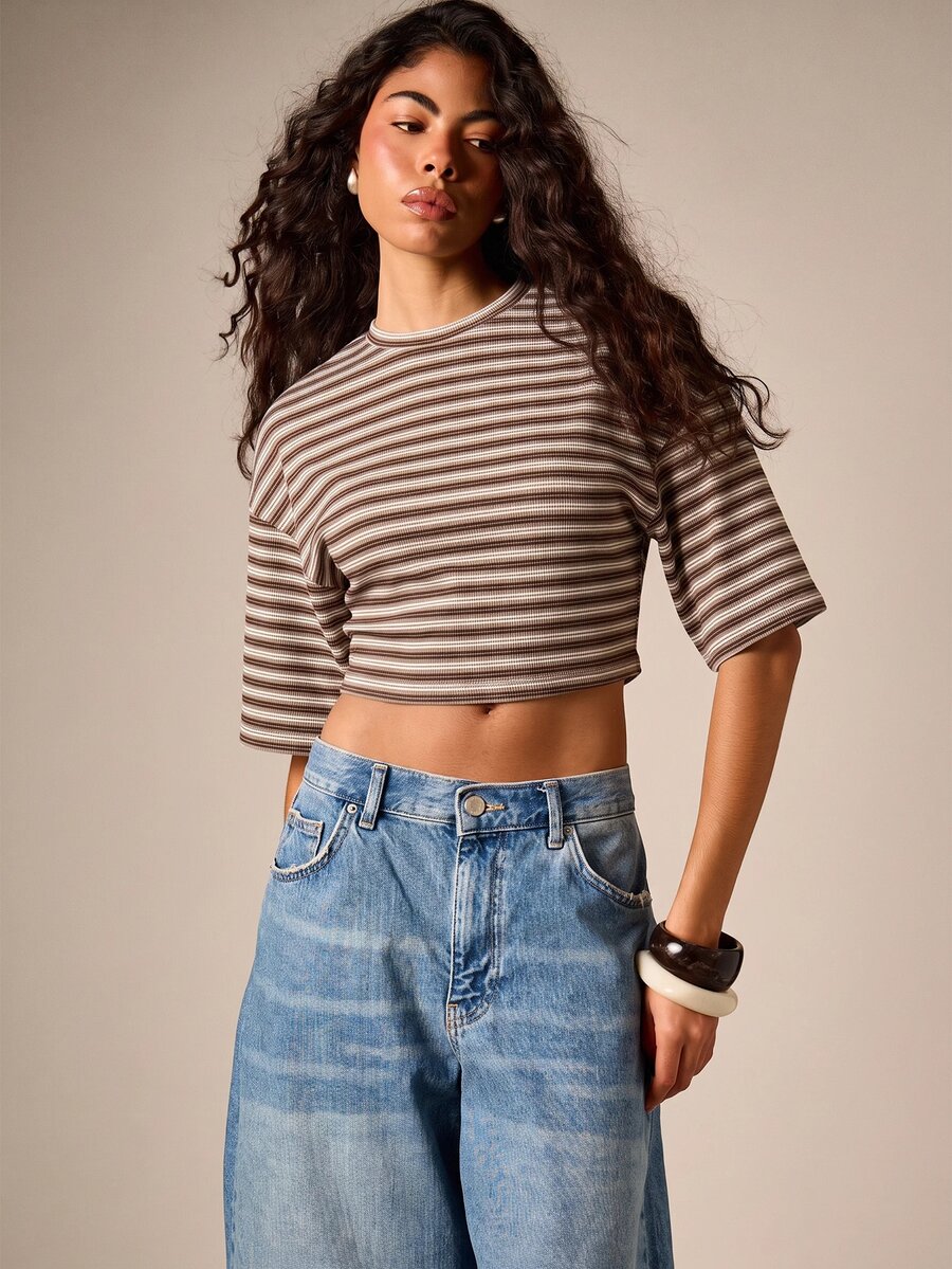 AiiRZ Ribbed Striped Crop Top With Round Neck And Half Sleeves - Casual Everyday Summer Spring Cropped Tee - Mocha Brown - View 1