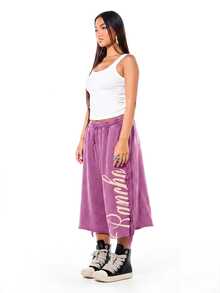 SUMWON WOMEN Wide Leg Cropped Sweatpants With Side Fringe Tassels, Script Logo Print, Elastic Drawstring Waist, Raw Hem, Acid Wash Finish - Pink - View 6