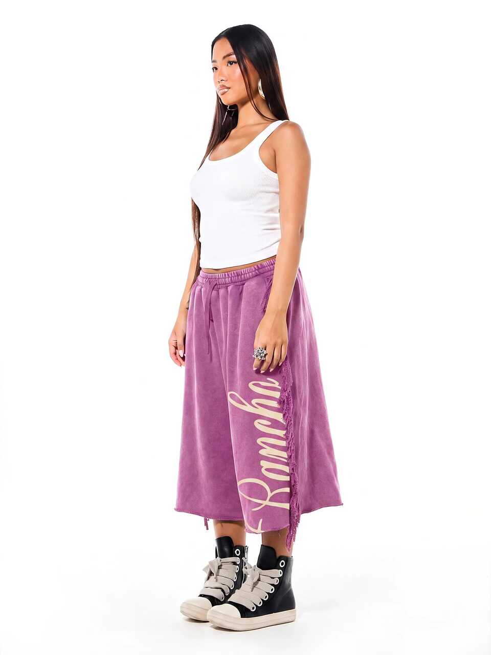 SUMWON WOMEN Wide Leg Cropped Sweatpants With Side Fringe Tassels, Script Logo Print, Elastic Drawstring Waist, Raw Hem, Acid Wash Finish
