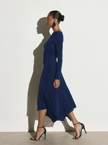 KSTM Glitter Knit Boat Neck Long Sleeve Ruched Waist Asymmetric Handkerchief Hem Midaxi Dress Holiday Party Evening Gala - Royal Blue - View 6