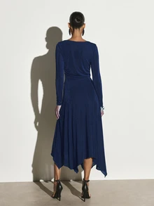 KSTM Glitter Knit Boat Neck Long Sleeve Ruched Waist Asymmetric Handkerchief Hem Midaxi Dress Holiday Party Evening Gala - Royal Blue - View 2