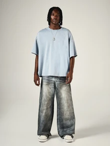 SUMWON Oversized Boxy Crew Neck Short Sleeve Washed T-Shirt With Large Numeric 09 Back Print Summer Streetwear Essential - Blue - View 3