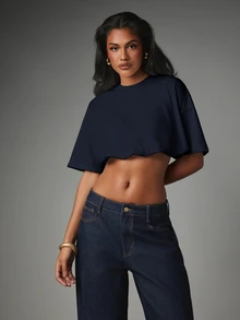 MISSGUIDED Oversized Cropped Boxy T-Shirt With Scallop Hem And Short Sleeves - Casual Chic Summer Essential Top - Navy Blue - View 5