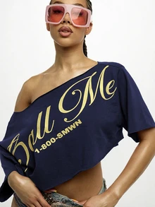 SUMWON WOMEN Asymmetric One Shoulder Crop Top With Bold Script Graphic Print And Raw Hem Edge Top - Navy Blue - View 6