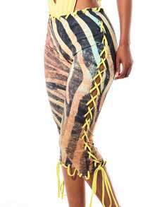SUMWON WOMEN Tiger Print Capri Leggings With Neon Yellow Lace-Up Side Detail And Cropped Length Summer Festival Bottoms - Yellow - View 4