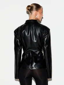 KIZN Jaket Kulit Sintetis Pas Badan dengan Resleting Depan, Kerah Tegak, Bahu Terstruktur, dan Pengencang Pinggang, Pakaian Luar Musim Gugur dan Musim Dingin - Hitam - View 2