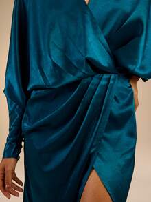 Dancing Leopard Teal Blue Satin Long-Sleeve Wrap Maxi Dress, Wedding Guest Occasion Wear - Teal Blue - View 5
