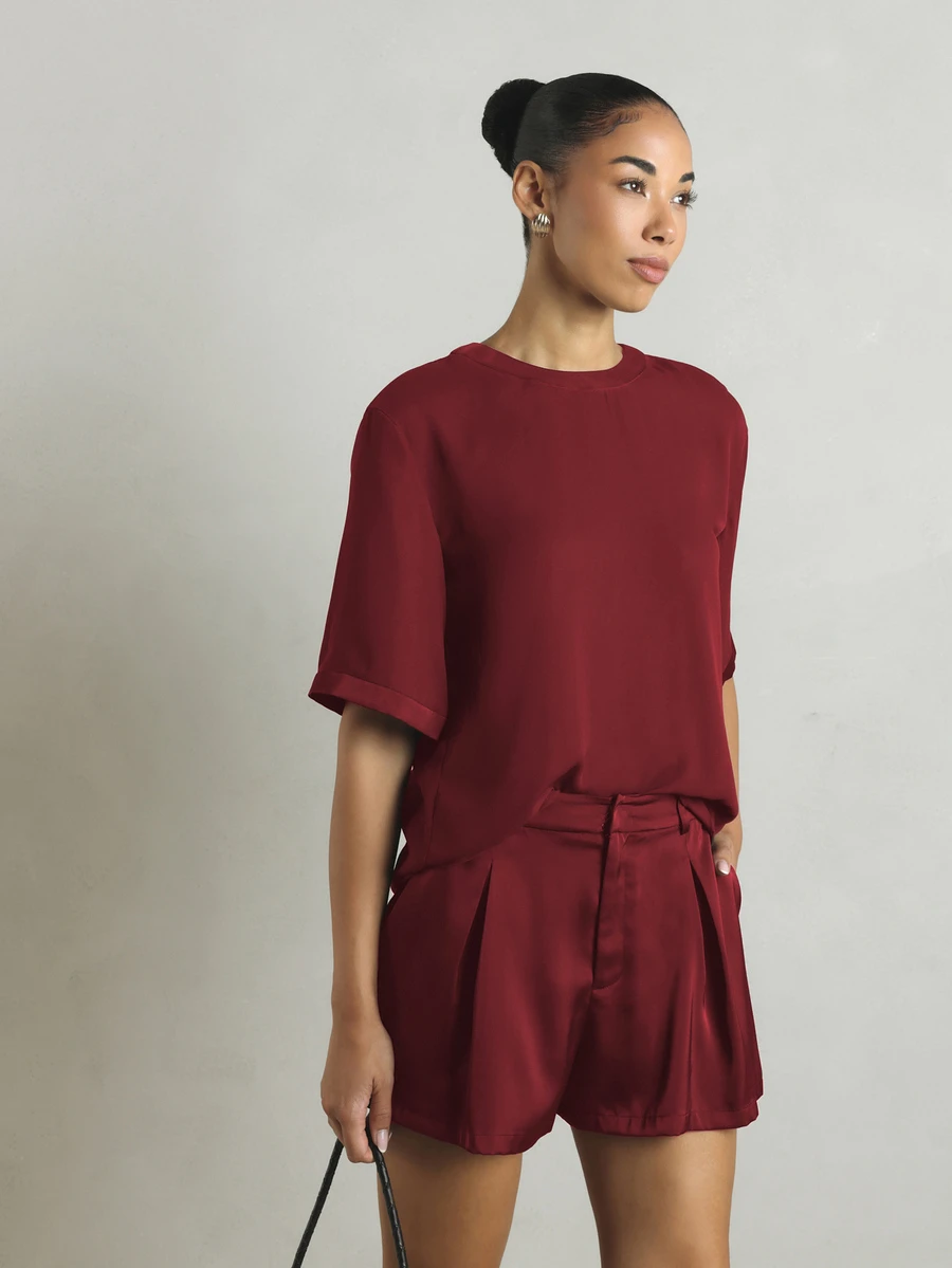 KSTM Satin Pleated High-Waist Mini Shorts With Tie Belt Detail - Elegant Holiday Party Tailored Short Bottoms - Burgundy - View 1